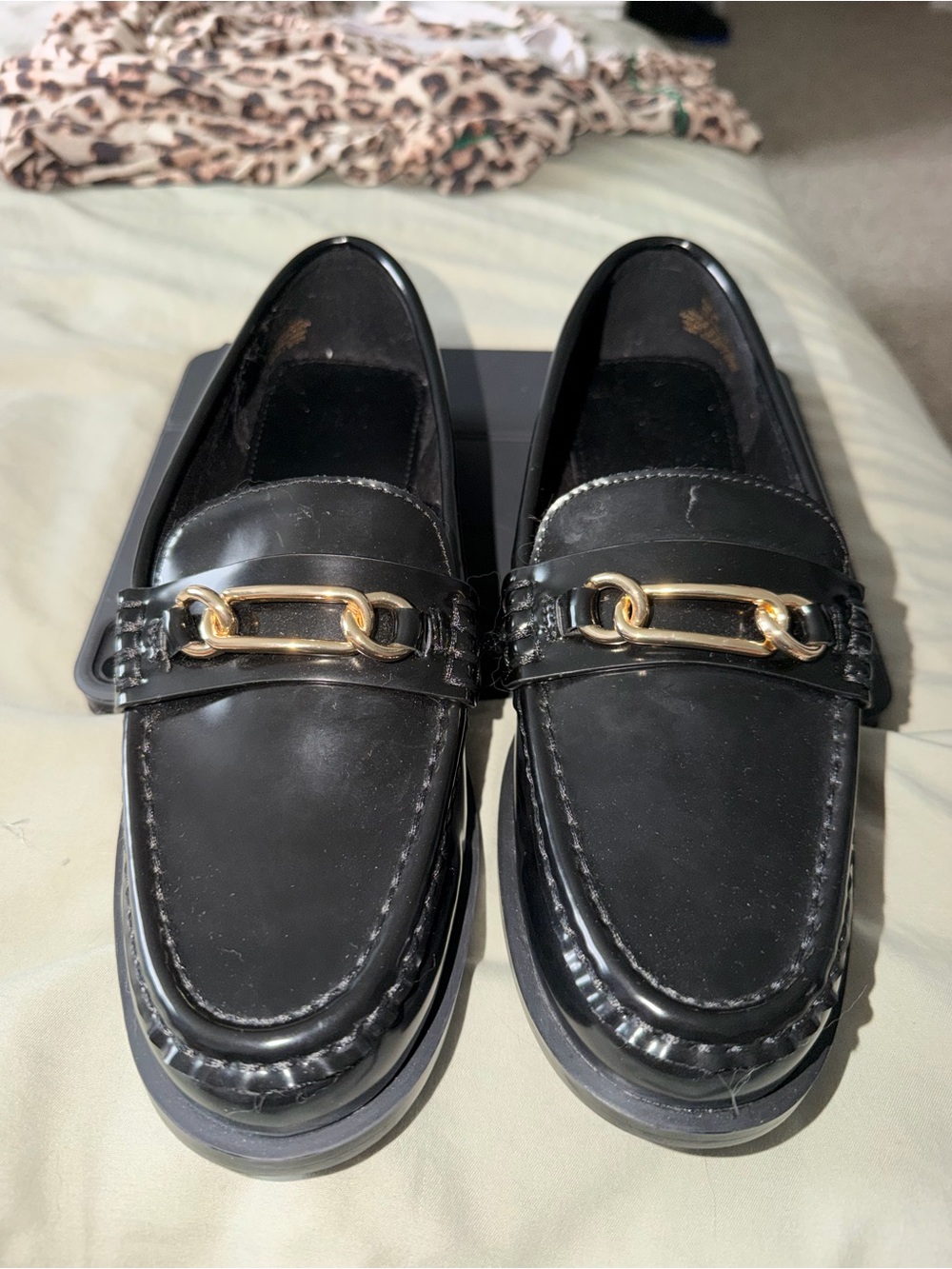 Women’s Black Leather Loafers with Gold Horsebit